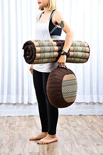 Meditation Cushion Set – 1 Round Yoga Pillow and 1 Square Roll-Up Mat Filled with Eco-Friendly Kapok - Personal Hour for Yoga and Meditations 