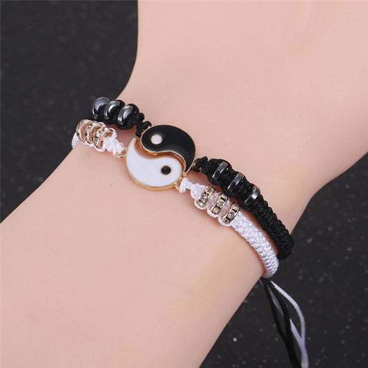 Zen Gift Idea - Matching Lover Bracelets Necklaces- Tai Chi Yin Yang Couple Bracelets - Alloy Pendant Adjustable Braid Chain Bracelet - Personal Hour for Yoga and Meditations 
