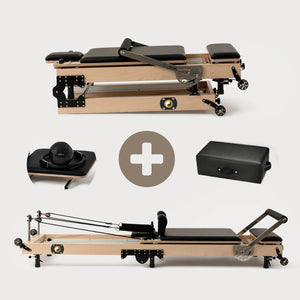 Open image in slideshow, Zous 2.0 Advanced - Foldable Wood Pilates Reformer Machine Bundle - Personal Hour for Yoga and Meditations 
