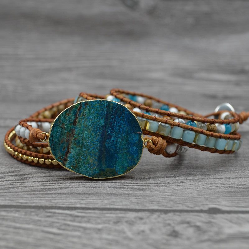 Stone Accessories- Natural marine stone bracelet beaded stone woven handmade bohemian bracelet - Personal Hour for Yoga and Meditations 