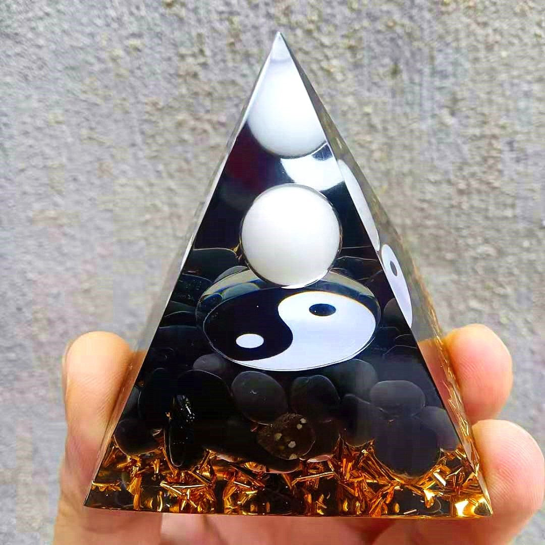 Yin Yang Gift Idea - Orgonite Pyramid White Beads Sphere With Round Yin and Yang Taiji Pattern Shimmer Spectrolite Stones Reiki Chakra Jewelry - Personal Hour for Yoga and Meditations 