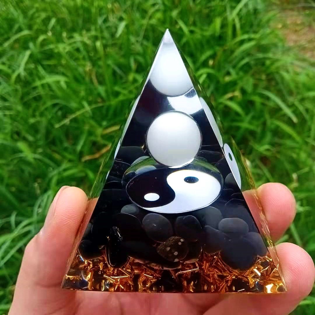 Yin Yang Gift Idea - Orgonite Pyramid White Beads Sphere With Round Yin and Yang Taiji Pattern Shimmer Spectrolite Stones Reiki Chakra Jewelry - Personal Hour for Yoga and Meditations 