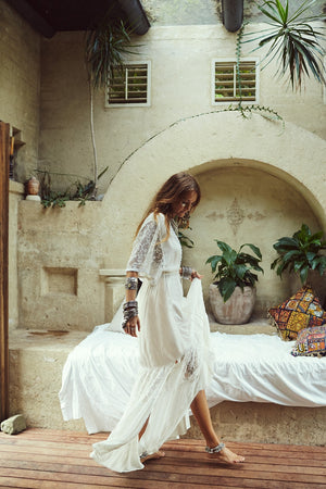 Boho White Maxi Dress- Meditation Cotton Lace Bohemian Dress for Meditation - Personal Hour for Yoga and Meditations 