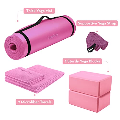 Yoga Starter Kit for Beginners- Thick Non Slip Yoga Mat -Foam Blocks- Strap -2 Microfiber Towels - Gift Ideas for yoga lovers - Personal Hour for Yoga and Meditations 
