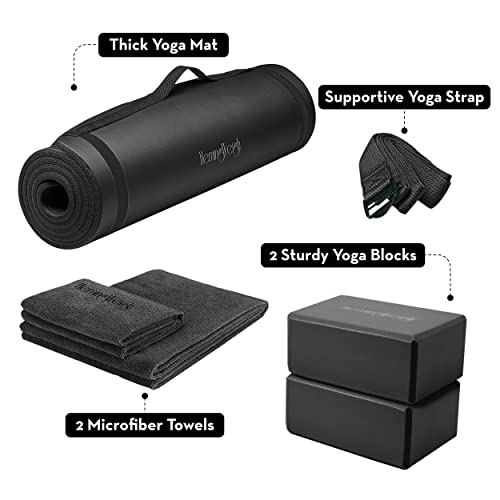 Yoga Starter Kit for Beginners- Thick Non Slip Yoga Mat -Foam Blocks- Strap -2 Microfiber Towels - Gift Ideas for yoga lovers - Personal Hour for Yoga and Meditations 