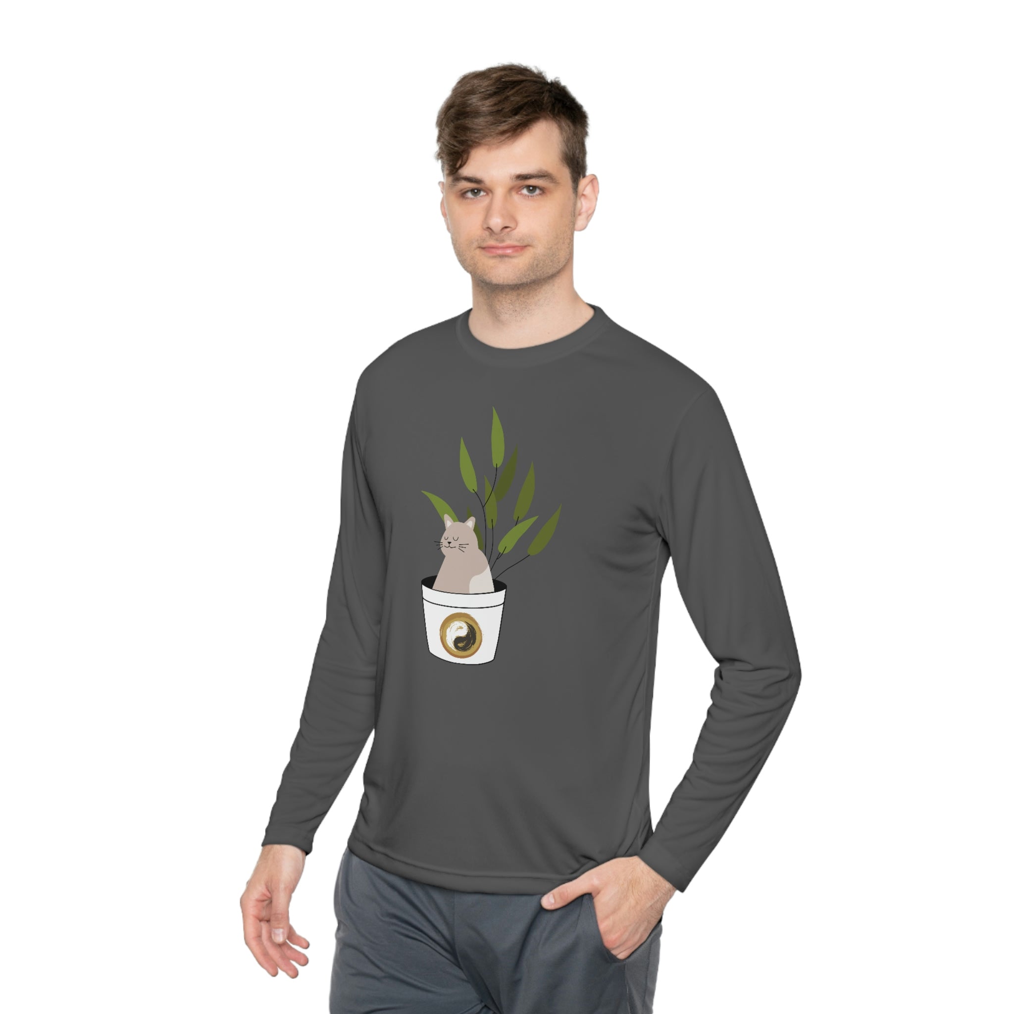 Unisex Lightweight Long Sleeve Yoga and Pilates Tee - Cute Cat - Personal Hour for Yoga and Meditations 