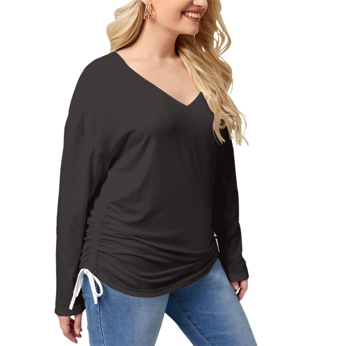 Plus size Yoga Top - Women’s V-neck ZenT-shirt With Side Drawstring - Personal Hour 