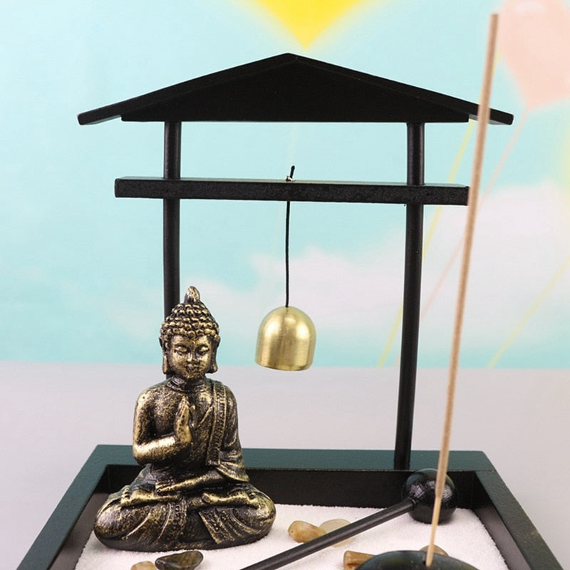 Desktop Zen Sand Garden Meditating Buddha Statue Mini Zen Garden Sand Tray Kit - Personal Hour for Yoga and Meditations 
