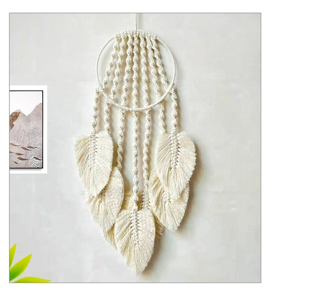 Boho Decor - Feather Leaf Macrame Hoop Dream Catcher for Wall - Handmade Woven Tapestry Craft Gift - Personal Hour for Yoga and Meditations 