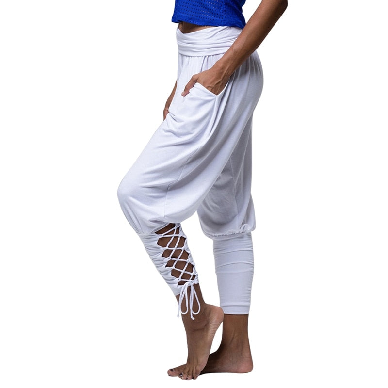 Pilates Pants Women Soft Solid Lace Up  Pants Gym and Yoga Fitness Loose Bandage High Waist Pocketed Pant - Personal Hour for Yoga and Meditations 