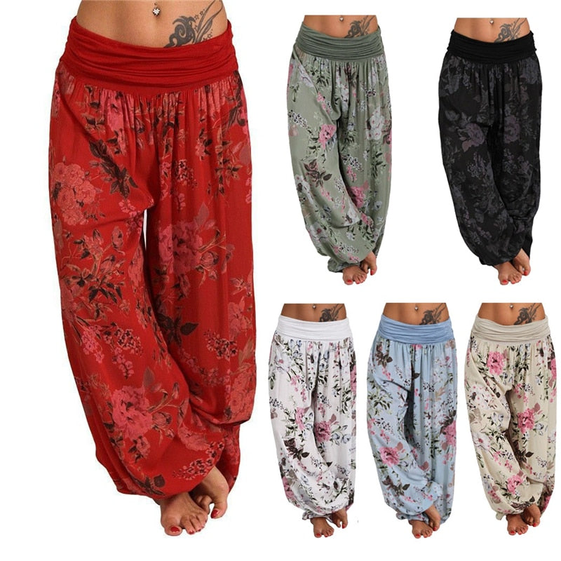 Women Ladies Yoga and Meditation Indian Style Pants Floral Baggy Loose Comfy Long High Waist Harem Pants - Personal Hour for Yoga and Meditations 