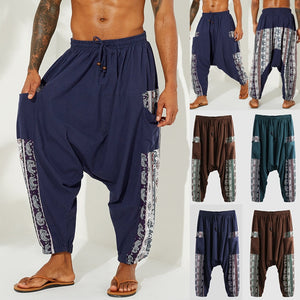 Meditation Clothes - Men Loose Herem Pants Wide Leg trousers Elastic Loose Vintage Yoga Pants Drawstring High Waist Male  Baggy Pants - Personal Hour for Yoga and Meditations 