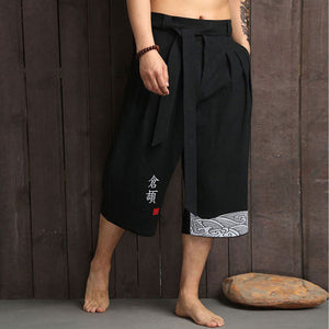 Open image in slideshow, Meditation Clothes - Japanese Kimono Traditional Pants Asian Clothing Bath Pant Casual Loose Male Japan Style Yukata Trousers Linen Cropped Pants - Personal Hour for Yoga and Meditations 
