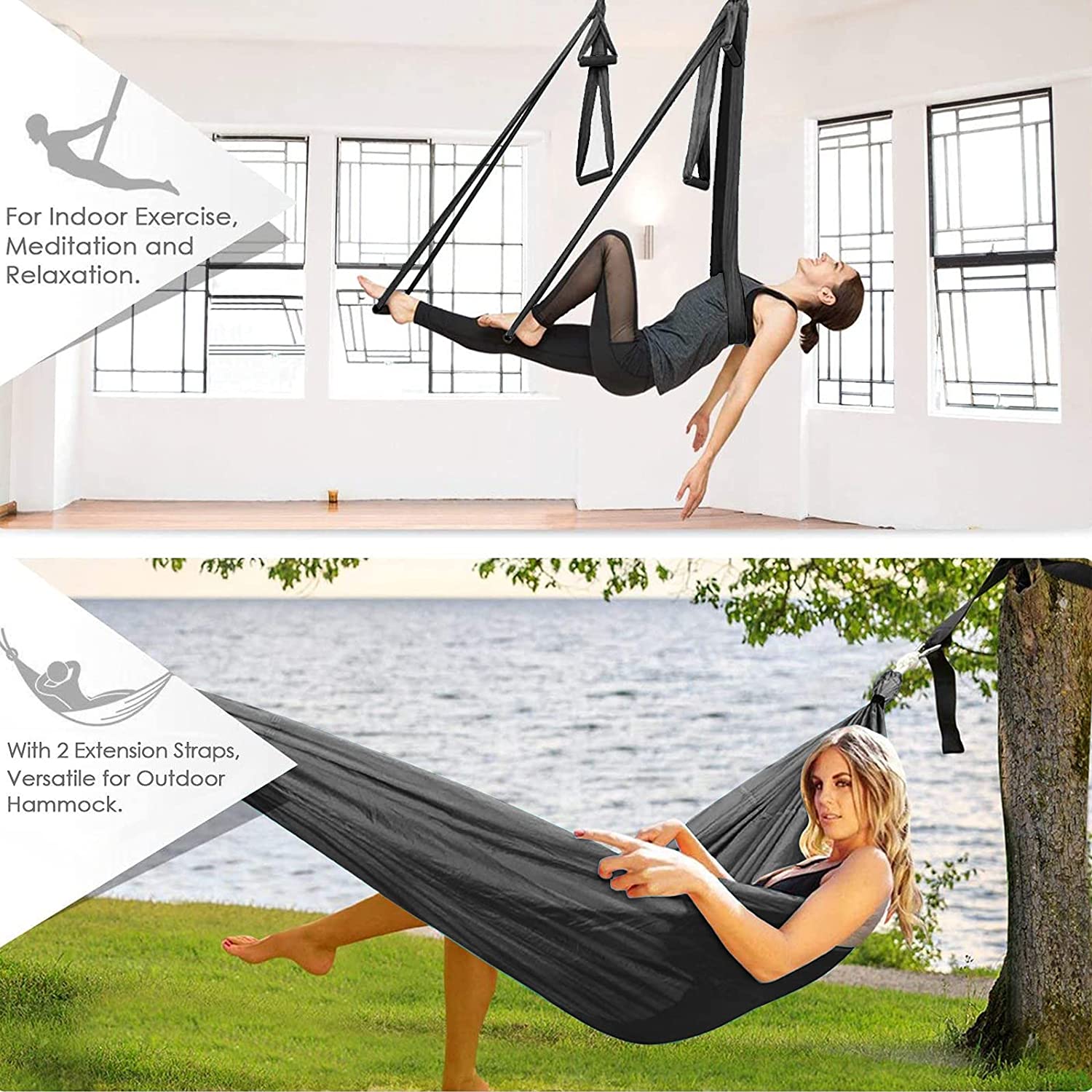 Aerial Yoga Hammock Set Suspended hanging swing for home Inversion Exercises Antigravity trainer with 2 Extensions Straps - Personal Hour for Yoga and Meditations 