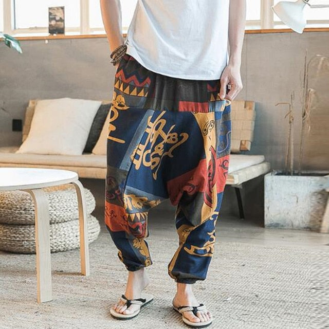 Men Harem Pants Print -nJoggers Cotton Trousers - Men Baggy Loose Nepal Style - Personal Hour for Yoga and Meditations 