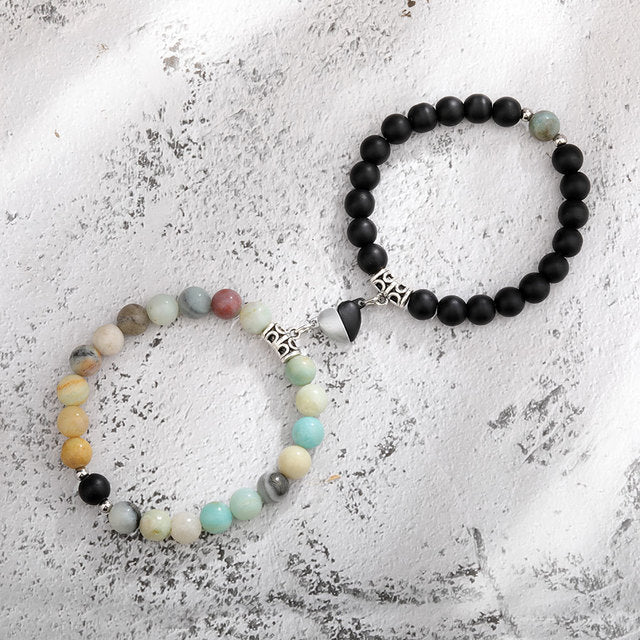 Magnet Couple Bracelets for Romantic Heart Matching Lovers- Natural Stone Beads Yoga Bracelet Valentine Gift Stone Accessories - Personal Hour for Yoga and Meditations 