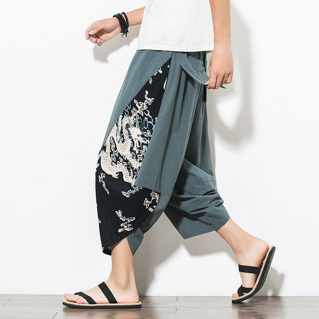Men Causal Baggy Pants - Chinese Style Draped Harem Pants - Personal Hour for Yoga and Meditations 