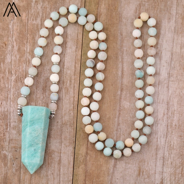 Natural Amazonite Pendant Mala Necklace - Stone Accessories - Personal Hour for Yoga and Meditations 