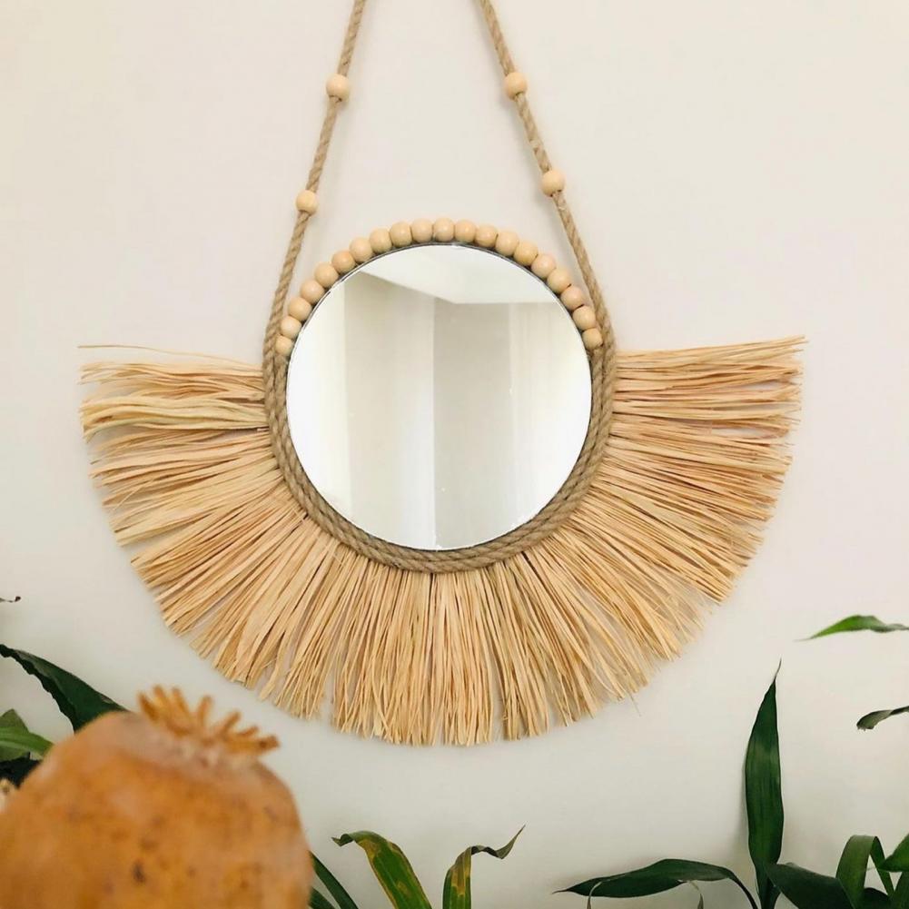 Boho Style - Zen Decor Ideas - Hanging Mirror Raffia Moroccan Wood Beads Acrylic Multifunctional - Personal Hour for Yoga and Meditations 