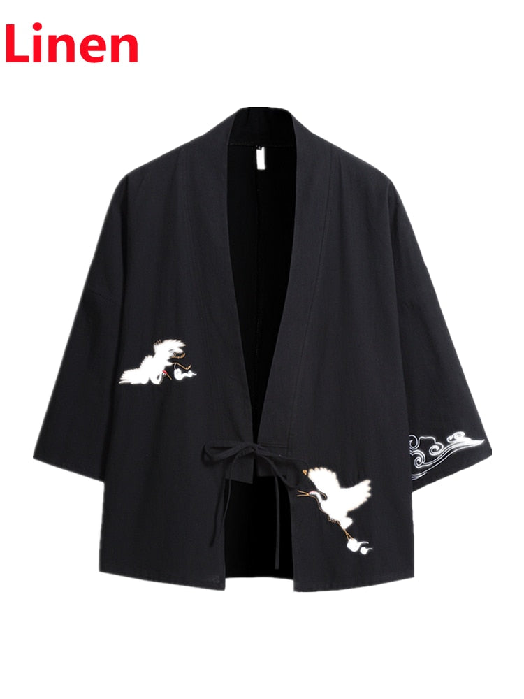 Meditation Clothes - KIMONO - Crane Embroidery Haori Kimono Harajuku Japanese Style Plus Size Men Samurai Costume Yukata Asian Clothes Cardigan  Jacket - Personal Hour for Yoga and Meditations 