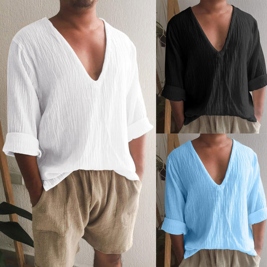 Meditation Clothes - Vintage Cotton Linen Shirt Men Breathable - V Neck Boho Style - Personal Hour for Yoga and Meditations 
