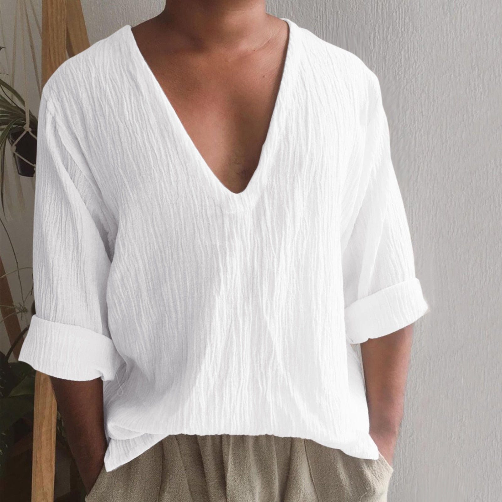 Meditation Clothes - Vintage Cotton Linen Shirt Men Breathable - V Neck Boho Style - Personal Hour for Yoga and Meditations 