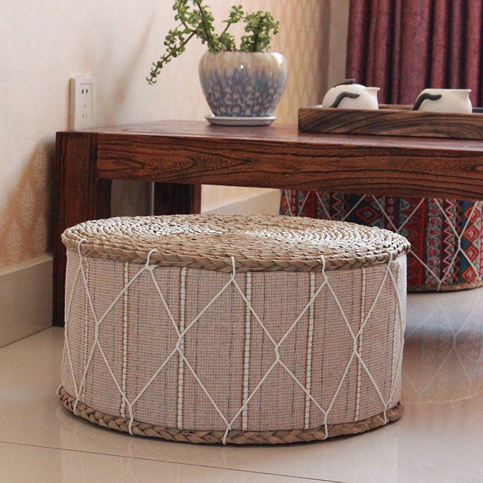 Meditation Cushion -Handwoven Straw Futon Pouf Floor Pillow Ottoman - Personal Hour for Yoga and Meditations 