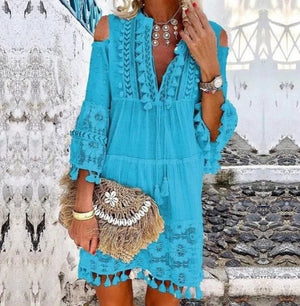 Open image in slideshow, Boho Dress - V Neck Seven Sleeve Loose Fit -Bohemian Chic Short Dresses - Personal Hour for Yoga and Meditations 
