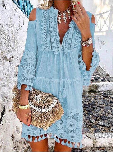 Boho Dress - V Neck Seven Sleeve Loose Fit -Bohemian Chic Short Dresses - Personal Hour for Yoga and Meditations 
