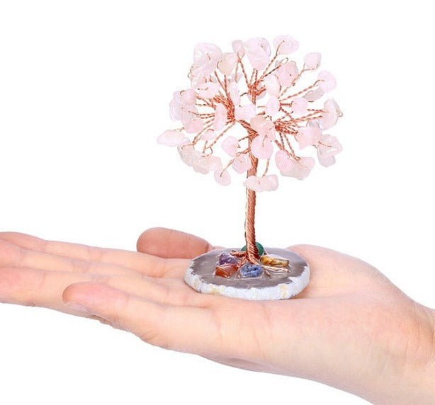 Sunligoo Super Mini Crystal Money Tree Copper Wire Wrapped W/ Agate Slice Base Gemstone Reiki Chakra Feng Shui Trees Home Decor - Personal Hour for Yoga and Meditations 