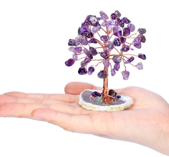 Sunligoo Super Mini Crystal Money Tree Copper Wire Wrapped W/ Agate Slice Base Gemstone Reiki Chakra Feng Shui Trees Home Decor - Personal Hour for Yoga and Meditations 