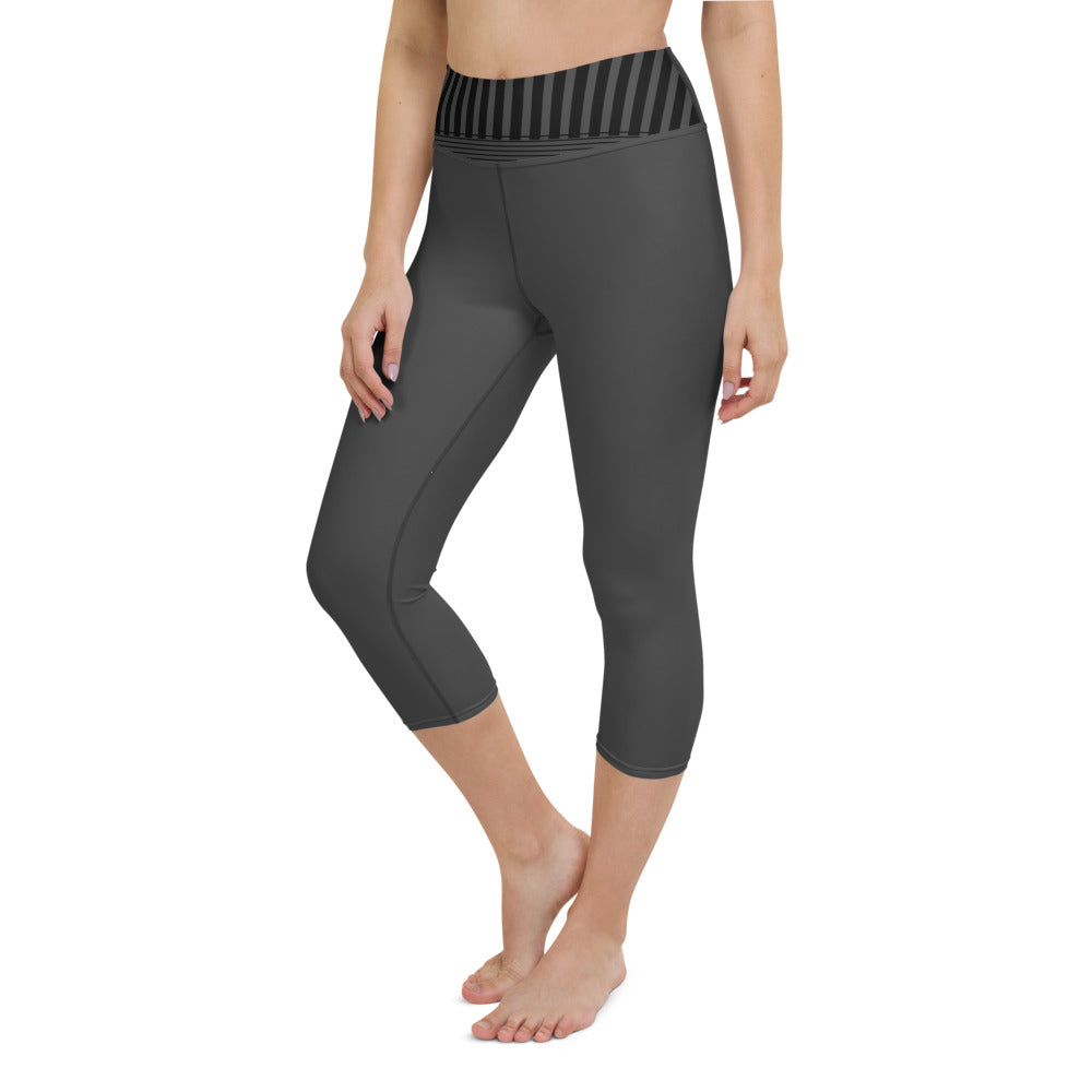 Gray Premium High Elastic Waistband Yoga Capri Leggings with Pocket Inside - Personal Hour for Yoga and Meditations 