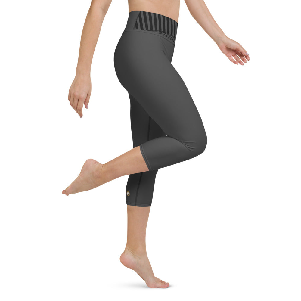 Gray Premium High Elastic Waistband Yoga Capri Leggings with Pocket Inside - Personal Hour for Yoga and Meditations 