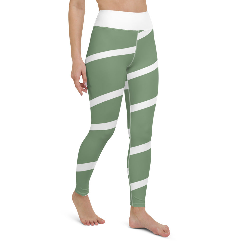Breathable and Soft Yoga Leggings with Waistband - Green and White - Personal Hour for Yoga and Meditations 
