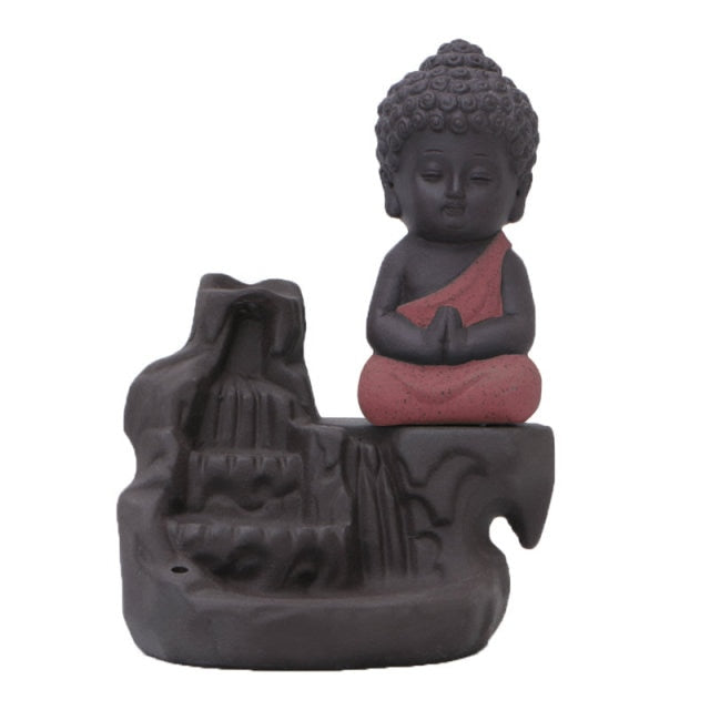 Zen Decor Ideas - Ceramic Little Monk Smoke Backflow Cone Censer Holder - Personal Hour for Yoga and Meditations 