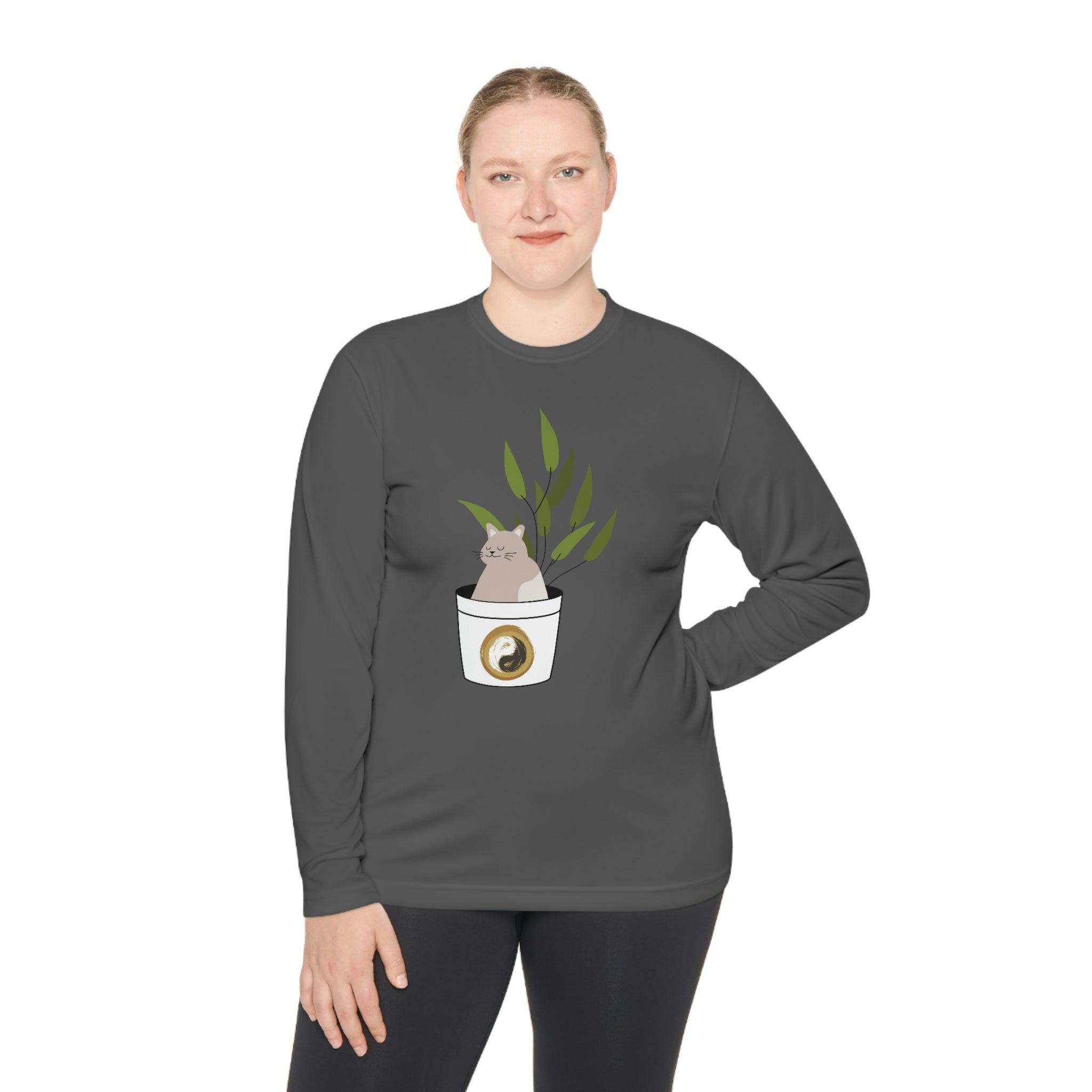 Unisex Lightweight Long Sleeve Yoga and Pilates Tee - Cute Cat - Personal Hour for Yoga and Meditations 