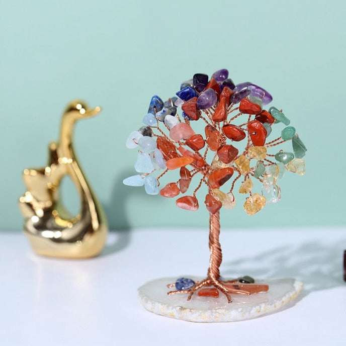 Mini Crystal Money Tree Copper Wire Wrapped with Agate Slice Base Gemstone Reiki Chakra Feng Shui Trees - Meditation Gift - Zen Decor - Personal Hour for Yoga and Meditations 