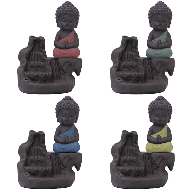 Zen Decor Ideas - Ceramic Little Monk Smoke Backflow Cone Censer Holder - Personal Hour for Yoga and Meditations 