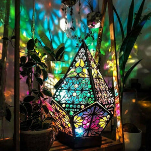 Meditation Gift - Colored Stained Glass Style Wooden Lamp Bohemian Style Desk Lamp - Personal Hour for Yoga and Meditations 