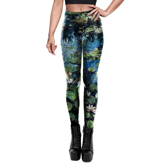 Women's Water Lily Printing High Waisted Yoga Leggings - Spandex - Personal Hour for Yoga and Meditations 