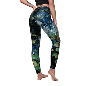Women's Water Lily Printing High Waisted Yoga Leggings - Spandex - Personal Hour for Yoga and Meditations 