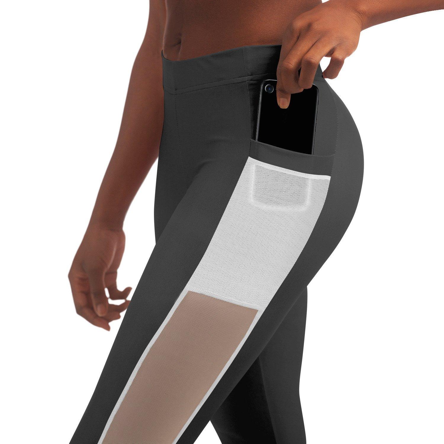 90 Degree Yoga Leggings with Pockets  - Gray and White -  Yoga Pants with Mesh Style Pocket - Personal Hour for Yoga and Meditations 